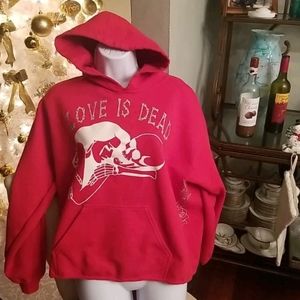Love is dead Hoodie Red & White Sz.M Lady & Skull Romance Silver Glitter Accent